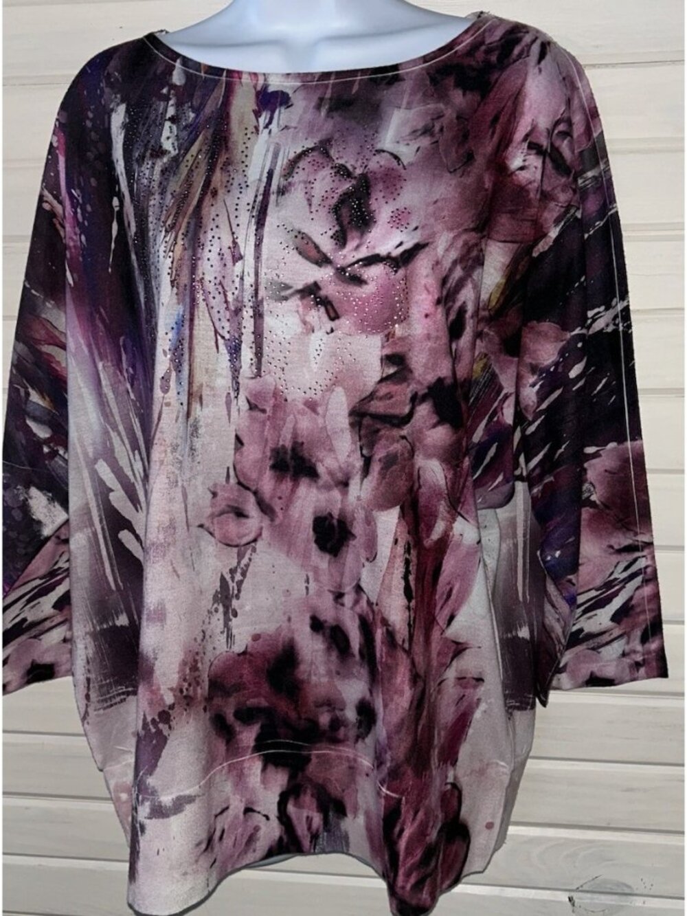 Chicos Sz 3 (XL) Purple Pink Floral Print 3/4 Sleeve Tee Studded USA MADE EUC